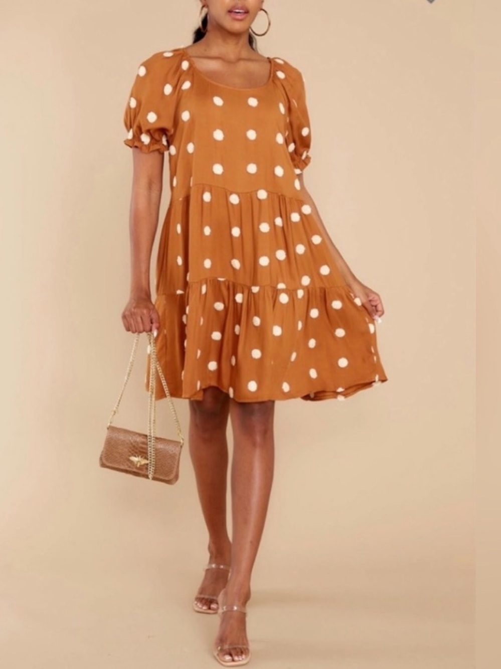 Blu Pepper Polka Dot Puff Sleeve Tiered Mini Dress - Caramel